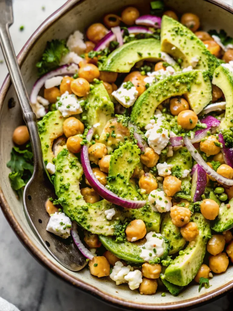 Chickpea feta avocado salad with fresh herbs and red onions, garnished with lemony dressing.