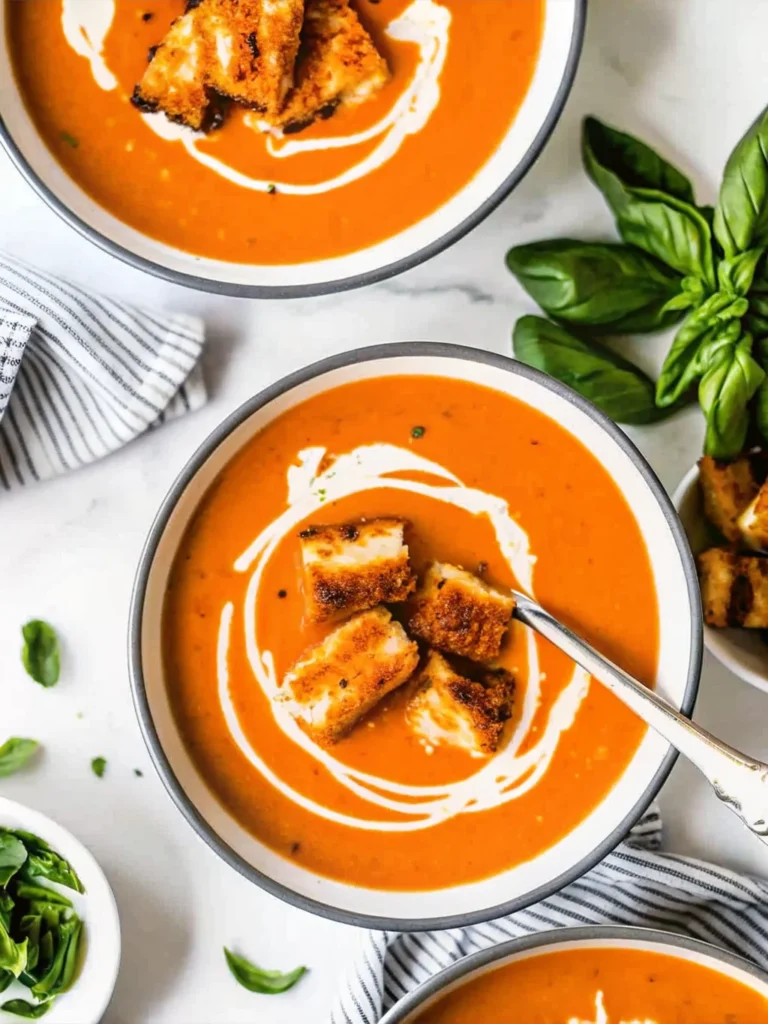 A bowl of roasted tomato soup with fresh tomatoes, topped with crispy grilled cheese croutons, basil, and a swirl of cream.