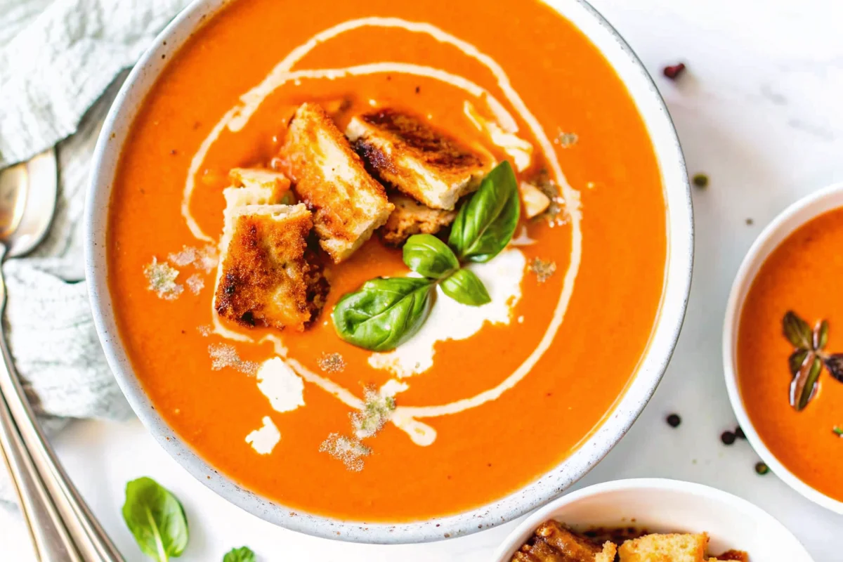 A bowl of roasted tomato soup with fresh tomatoes, topped with crispy grilled cheese croutons, basil, and a swirl of cream.