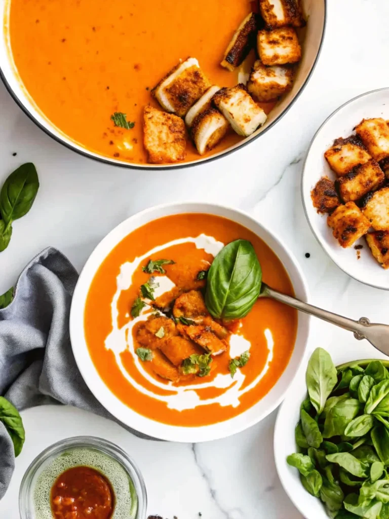 A bowl of roasted tomato soup with fresh tomatoes, topped with crispy grilled cheese croutons, basil, and a swirl of cream.