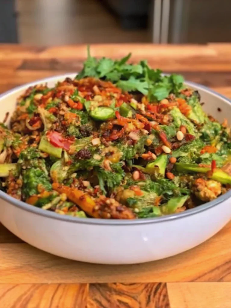 Delicious crispy rice salad with avocado, cilantro, and spicy peanut-chili dressing, topped with fresh vegetables and crushed peanuts.
