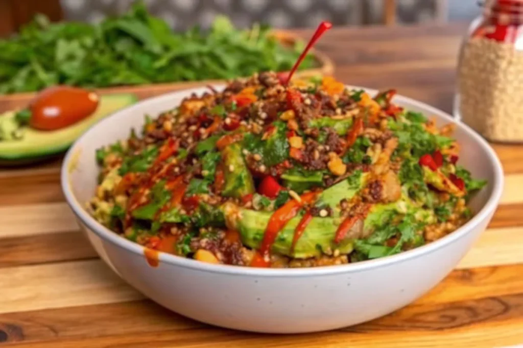 Delicious crispy rice salad with avocado, cilantro, and spicy peanut-chili dressing, topped with fresh vegetables and crushed peanuts.