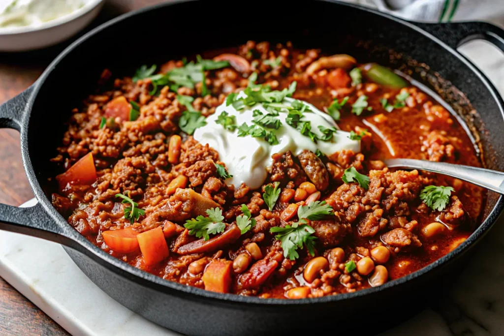 A close-up of a hearty stovetop chili with ground beef, beans, and tomatoes, topped with a dollop of sour cream and fresh cilantro.