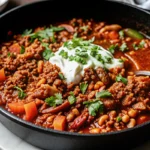 A close-up of a hearty stovetop chili with ground beef, beans, and tomatoes, topped with a dollop of sour cream and fresh cilantro.