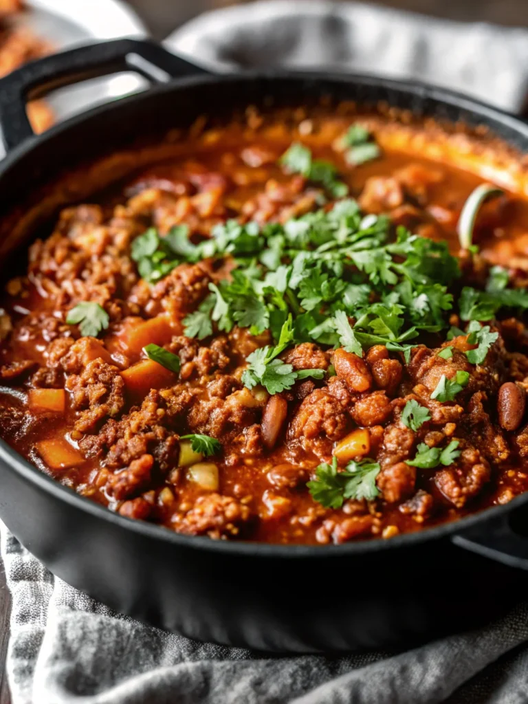 A close-up of a hearty stovetop chili with ground beef, beans, and tomatoes, topped with a dollop of sour cream and fresh cilantro.