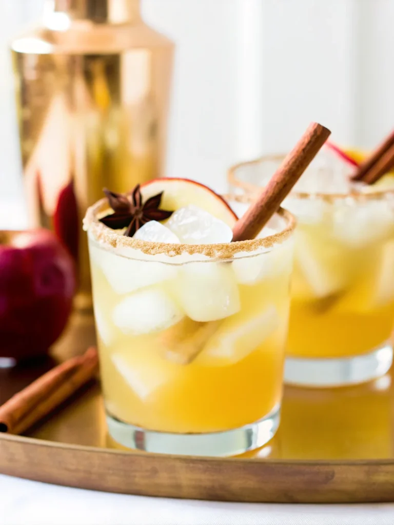 Fall apple cider cocktail with cinnamon stick, star anise, and apple slice garnish in a cinnamon-sugar rimmed glass.
