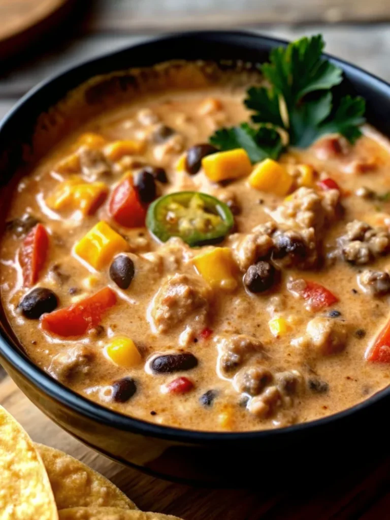 Creamy taco soup with ground beef, black beans, corn, diced tomatoes, and fresh cilantro garnish.
