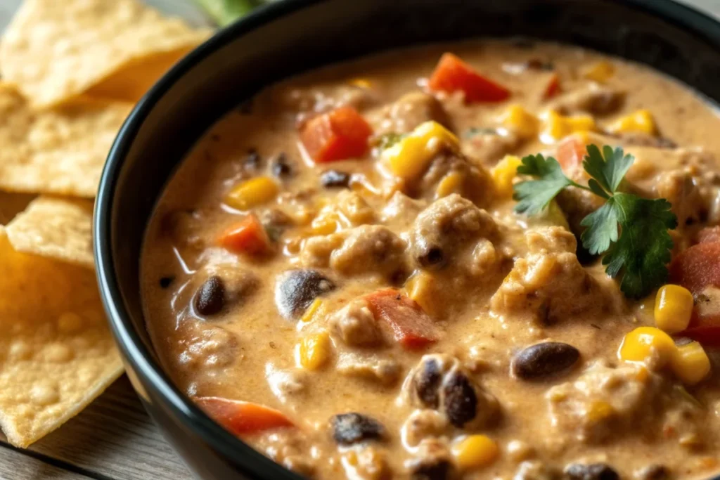 Creamy taco soup with ground beef, black beans, corn, diced tomatoes, and fresh cilantro garnish.