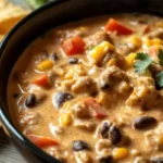 Creamy taco soup with ground beef, black beans, corn, diced tomatoes, and fresh cilantro garnish.