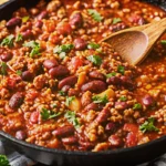 Hearty beef chili with kidney beans, pinto beans, diced tomatoes, crispy bacon, and fresh cilantro in a cast iron skillet.