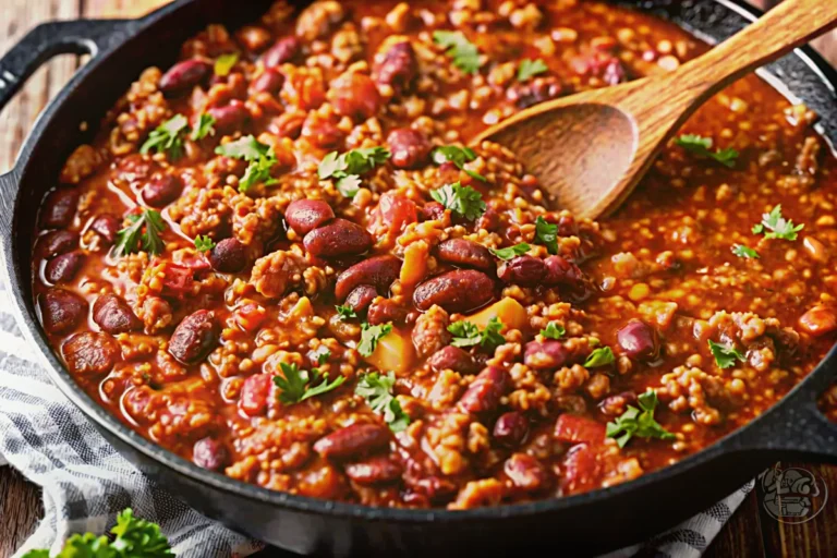 Hearty beef chili with kidney beans, pinto beans, diced tomatoes, crispy bacon, and fresh cilantro in a cast iron skillet.