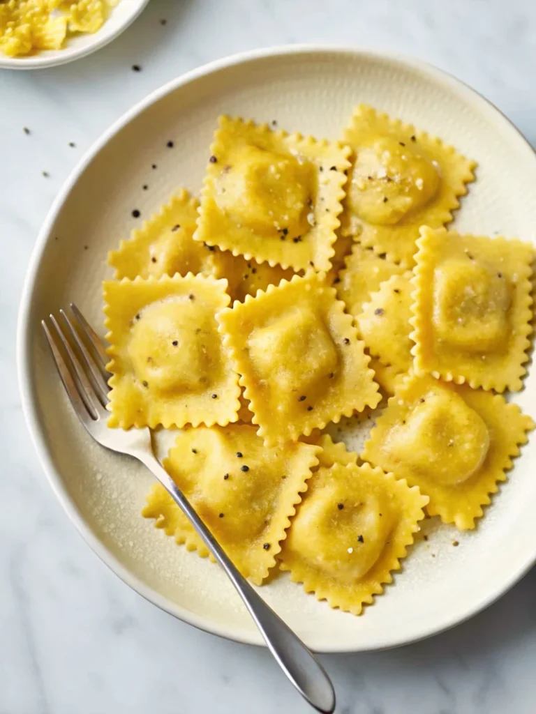 Hands kneading golden fresh ravioli pasta dough on wooden cutting board with flour and eggs nearby for homemade ravioli recipe