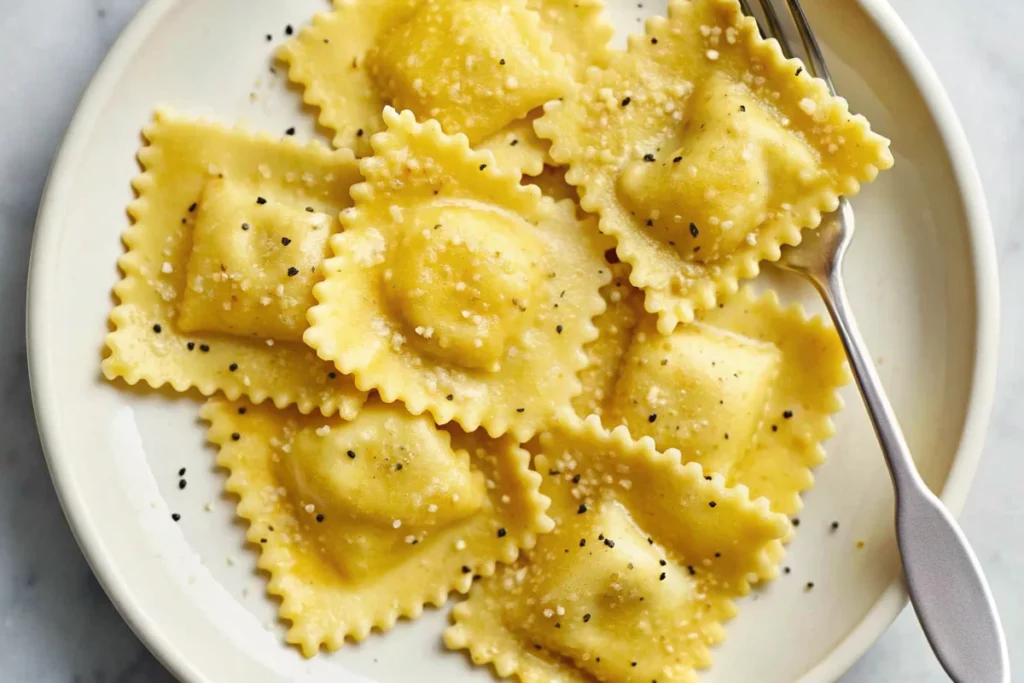 Hands kneading golden fresh ravioli pasta dough on wooden cutting board with flour and eggs nearby for homemade ravioli recipe