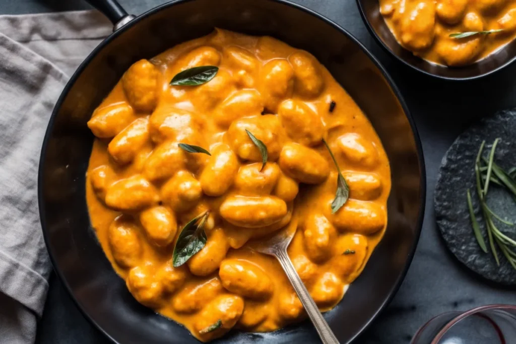 Creamy pumpkin gnocchi in a white bowl topped with fried sage leaves and drizzled with balsamic reduction
