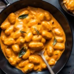 Creamy pumpkin gnocchi in a white bowl topped with fried sage leaves and drizzled with balsamic reduction