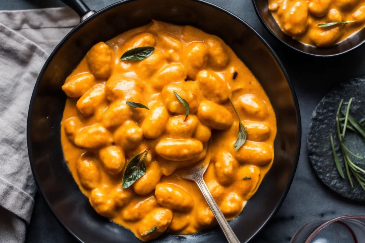 Creamy pumpkin gnocchi in a white bowl topped with fried sage leaves and drizzled with balsamic reduction