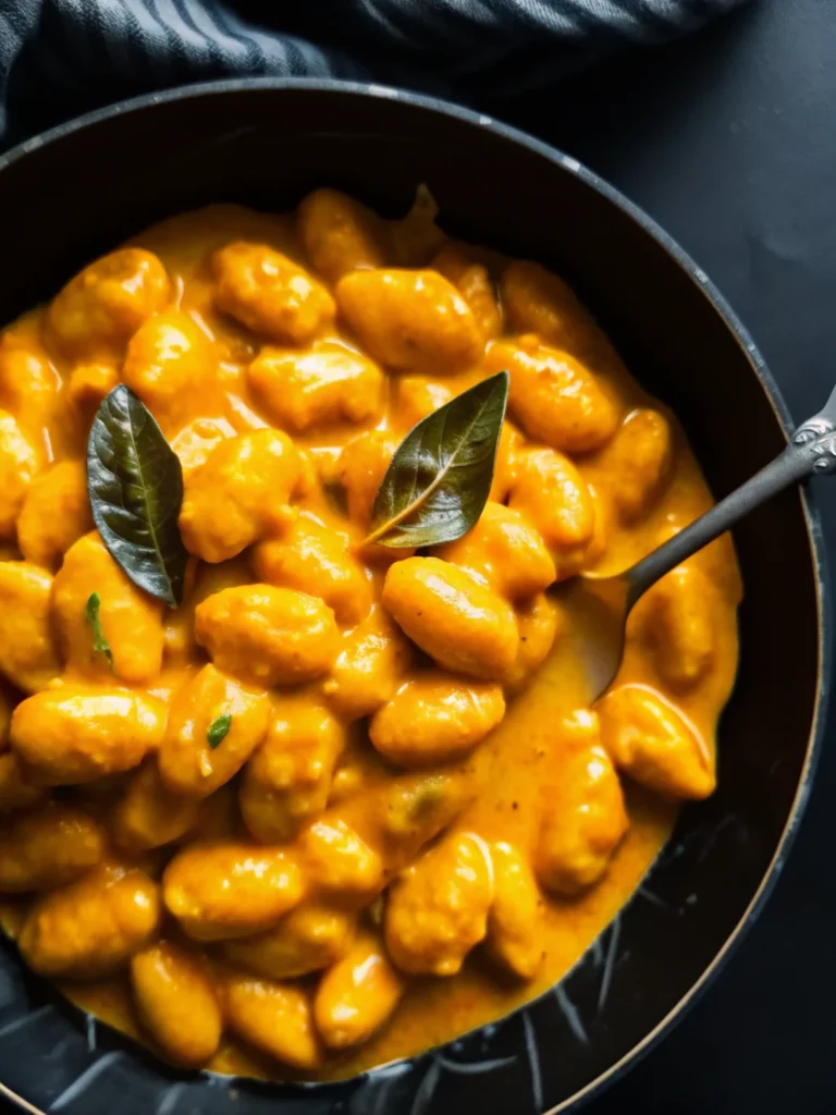 Creamy pumpkin gnocchi in a white bowl topped with fried sage leaves and drizzled with balsamic reduction