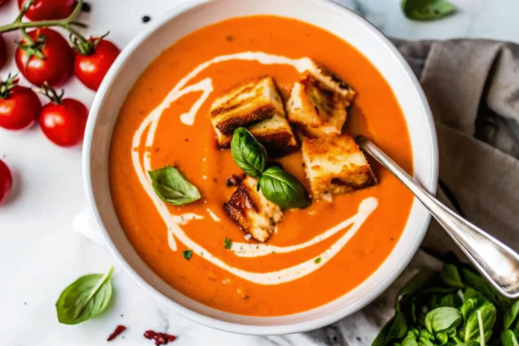 Bowl of creamy homemade roasted tomato soup with fresh basil garnish made from fresh vine tomatoes