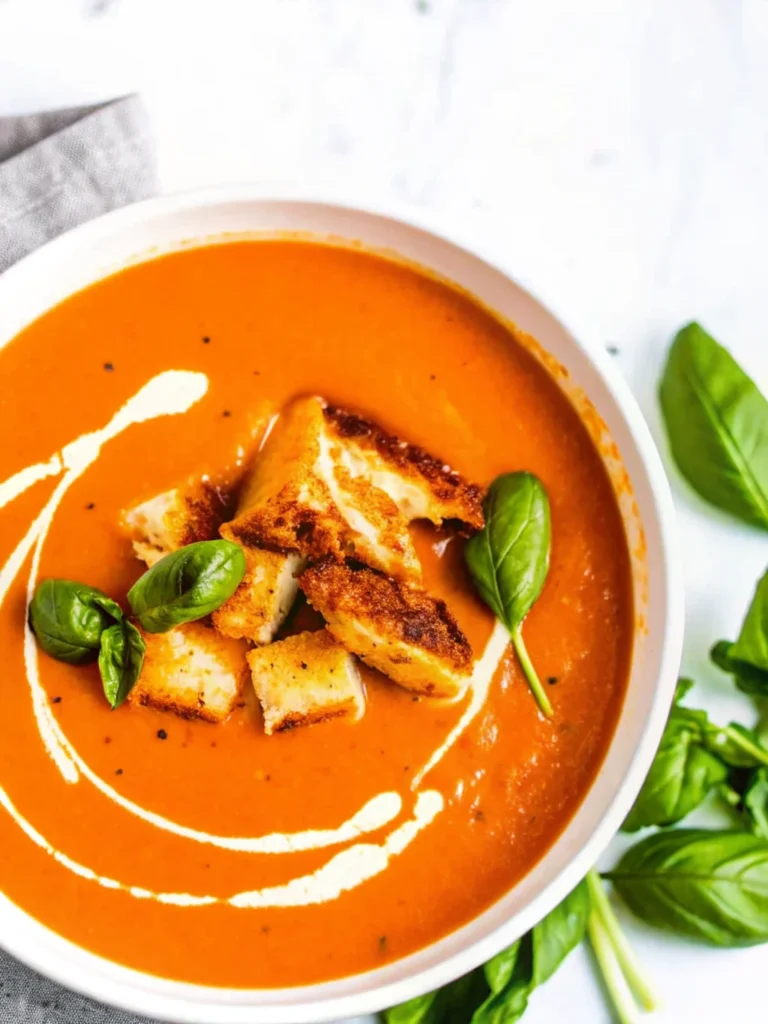 Bowl of creamy homemade roasted tomato soup with fresh basil garnish made from fresh vine tomatoes