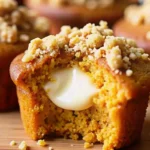 tarbucks pumpkin cream cheese muffins with a gooey cream cheese center and autumnal toppings, baked to perfection in a lined muffin tin.