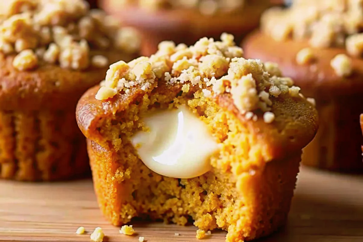 tarbucks pumpkin cream cheese muffins with a gooey cream cheese center and autumnal toppings, baked to perfection in a lined muffin tin.