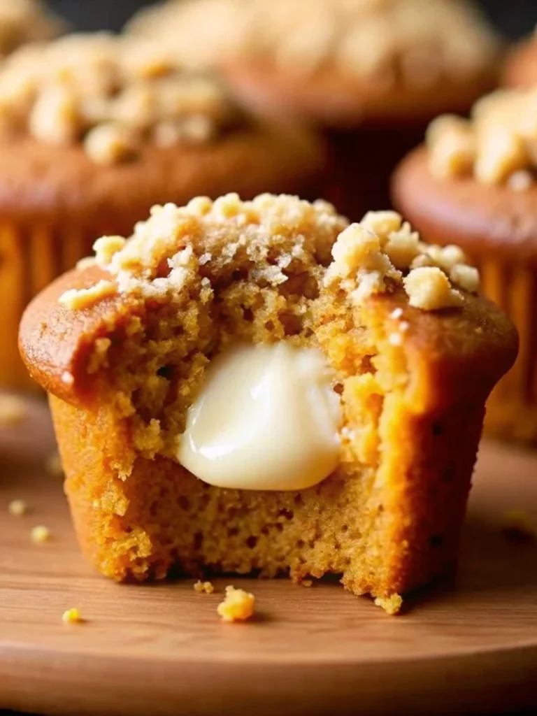 tarbucks pumpkin cream cheese muffins with a gooey cream cheese center and autumnal toppings, baked to perfection in a lined muffin tin.