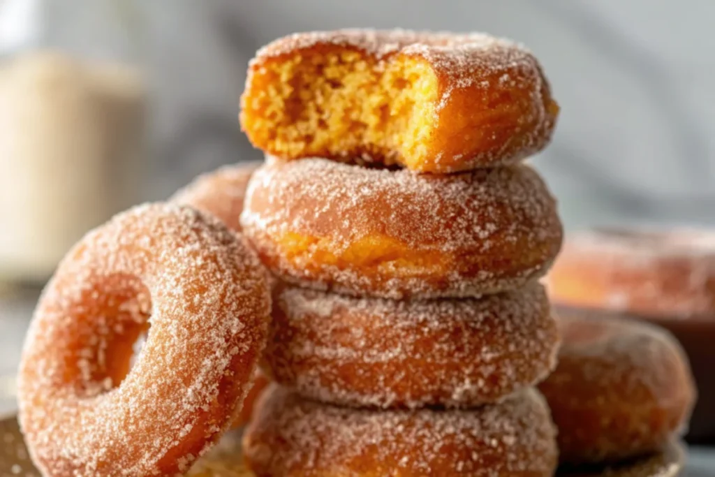 Golden-brown baked pumpkin donuts with cinnamon sugar coating arranged on white plate with autumn spices in background