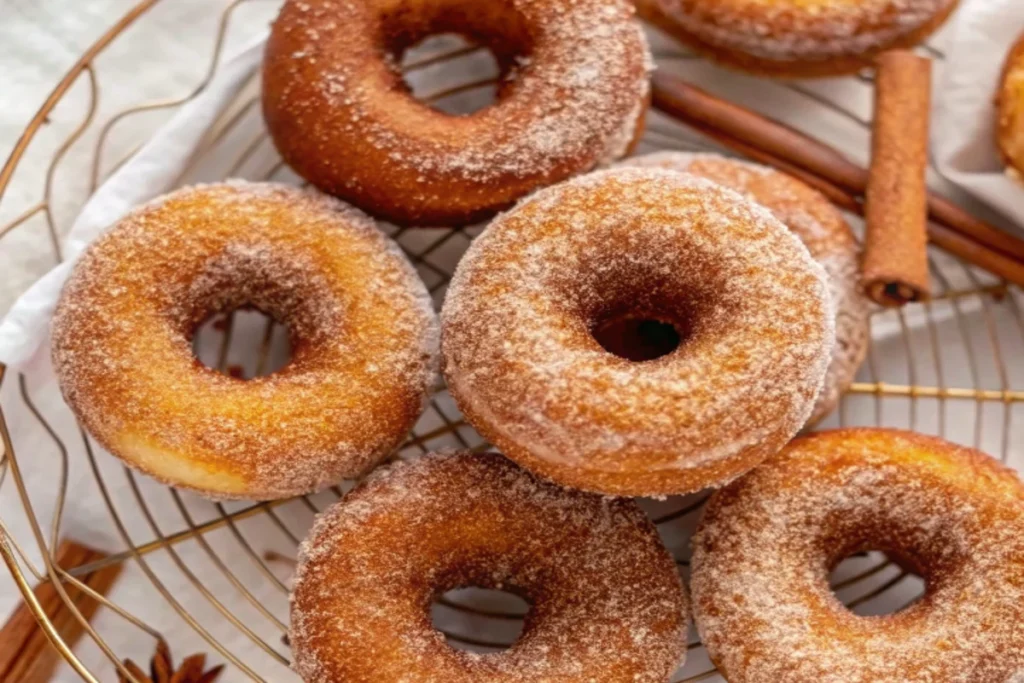 Golden-brown baked pumpkin donuts with cinnamon sugar coating arranged on white plate with autumn spices in background