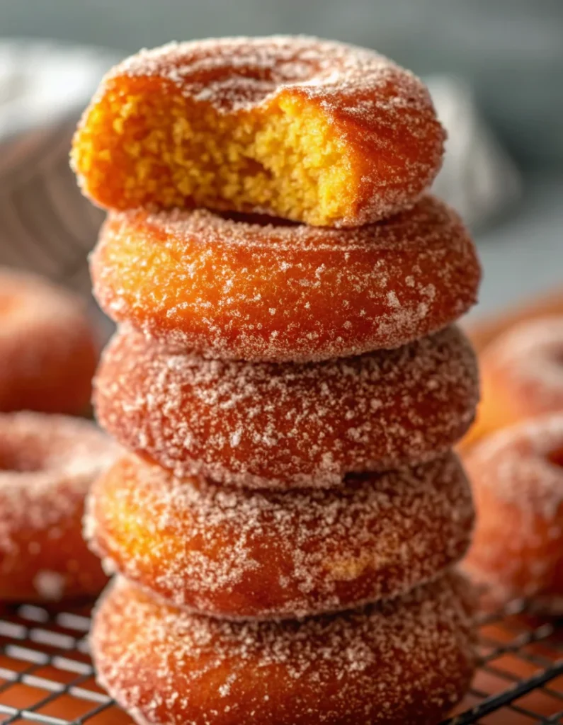 Golden-brown baked pumpkin donuts with cinnamon sugar coating arranged on white plate with autumn spices in background