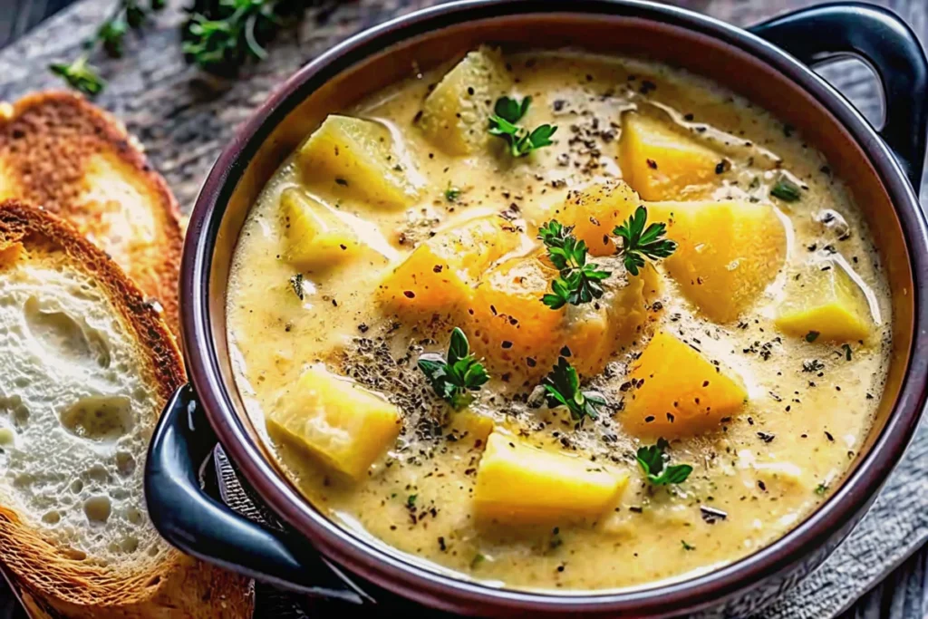 Creamy cheddar garlic herb potato soup recipe served in white bowl with fresh herbs and bacon garnish