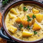 Creamy cheddar garlic herb potato soup recipe served in white bowl with fresh herbs and bacon garnish