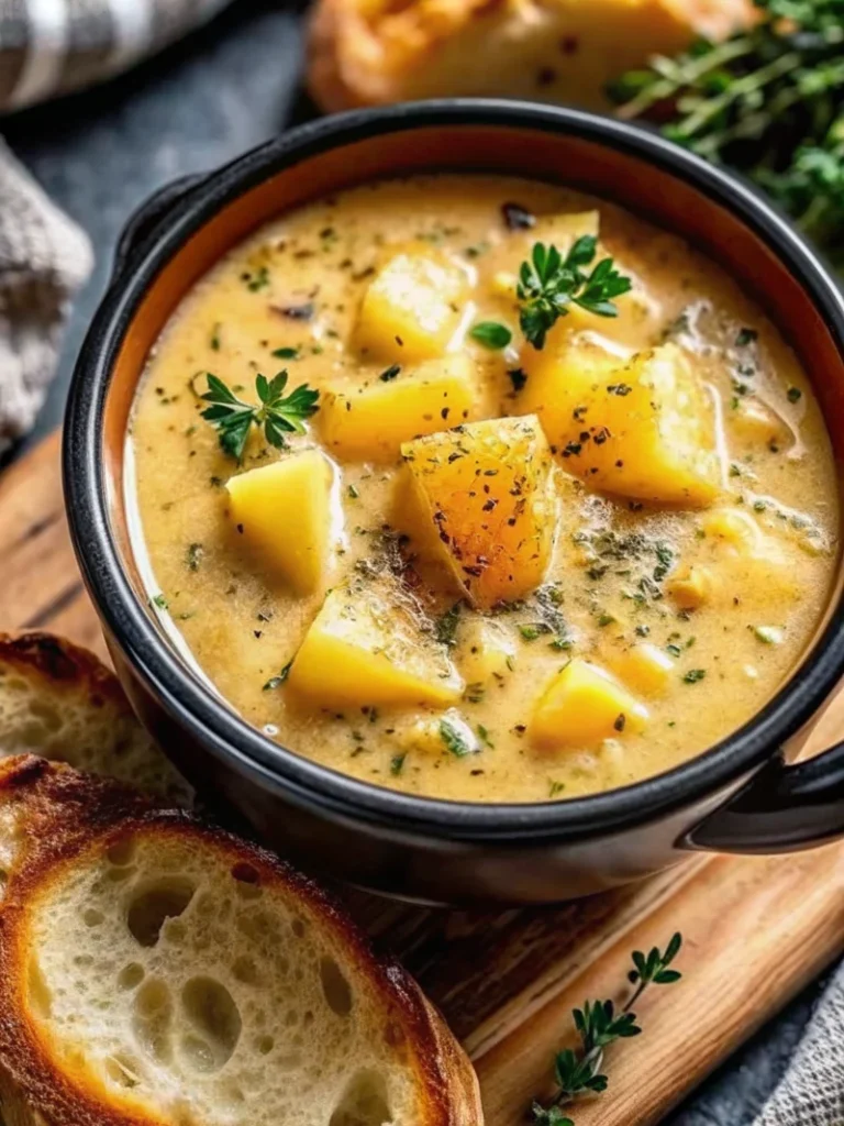 Creamy cheddar garlic herb potato soup recipe served in white bowl with fresh herbs and bacon garnish