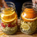 Homemade fire cider recipe ingredients including fresh horseradish, ginger, garlic, and apple cider vinegar arranged around a mason jar