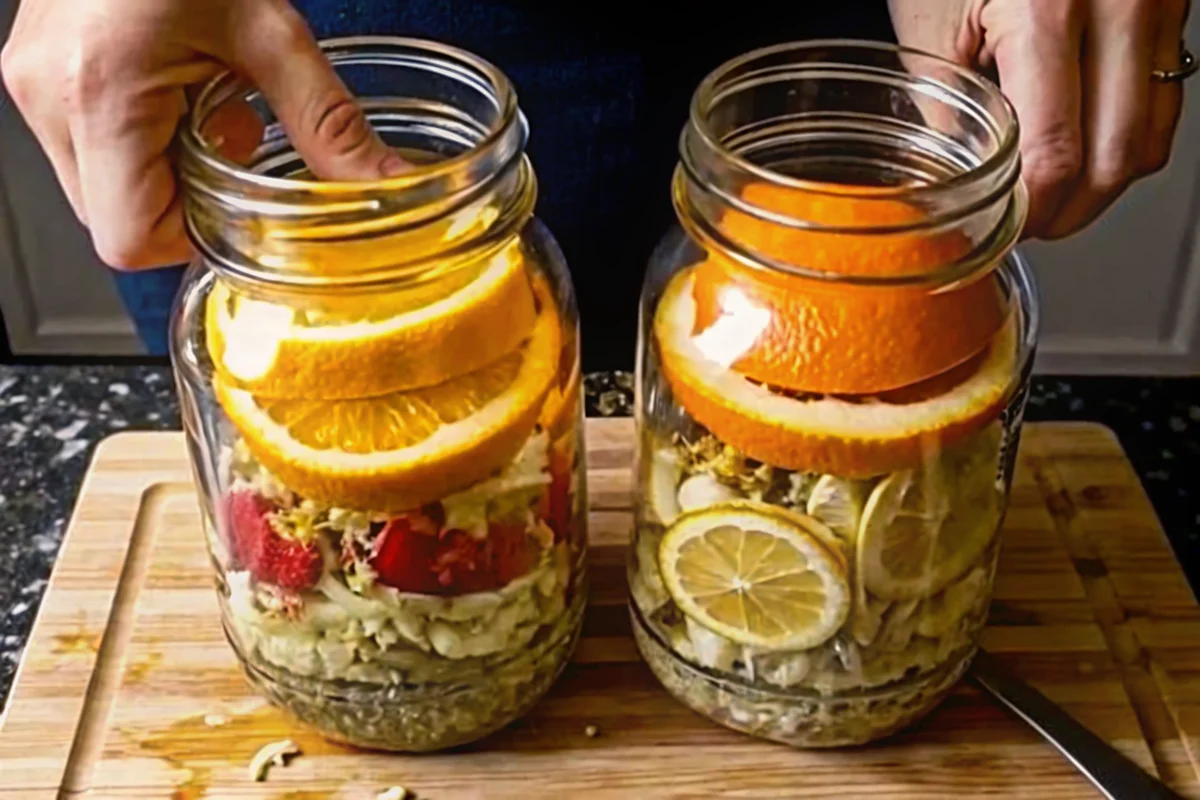 Homemade fire cider recipe ingredients including fresh horseradish, ginger, garlic, and apple cider vinegar arranged around a mason jar