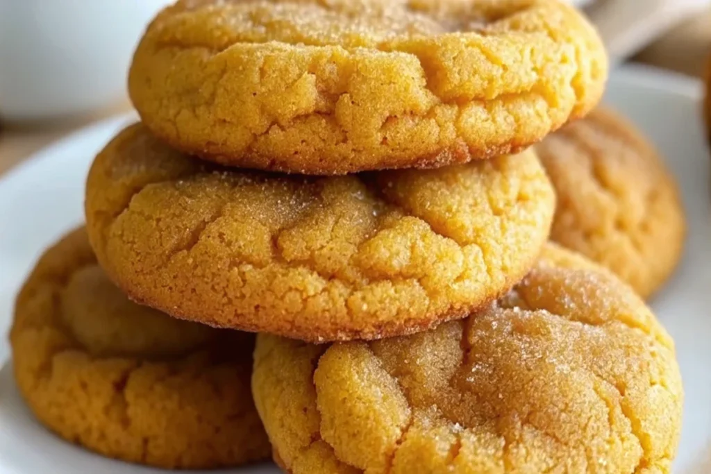Soft pumpkin sugar cookies with cream cheese frosting arranged on parchment paper, showing golden edges and fluffy texture