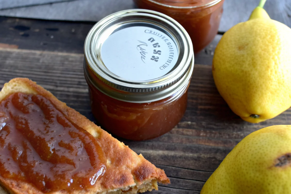 Easy Crockpot pear butter recipe in a jar with spoon, slow cooker pear butter made from Bartlett and Anjou pears with pumpkin pie spice