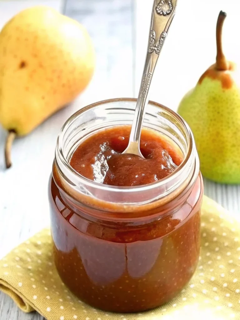 Homemade pear butter recipe in glass jars with fresh Bartlett pears, cinnamon sticks, and warm spices arranged on rustic wooden cutting board, showing the smooth golden-brown texture of the finished pear butter spread