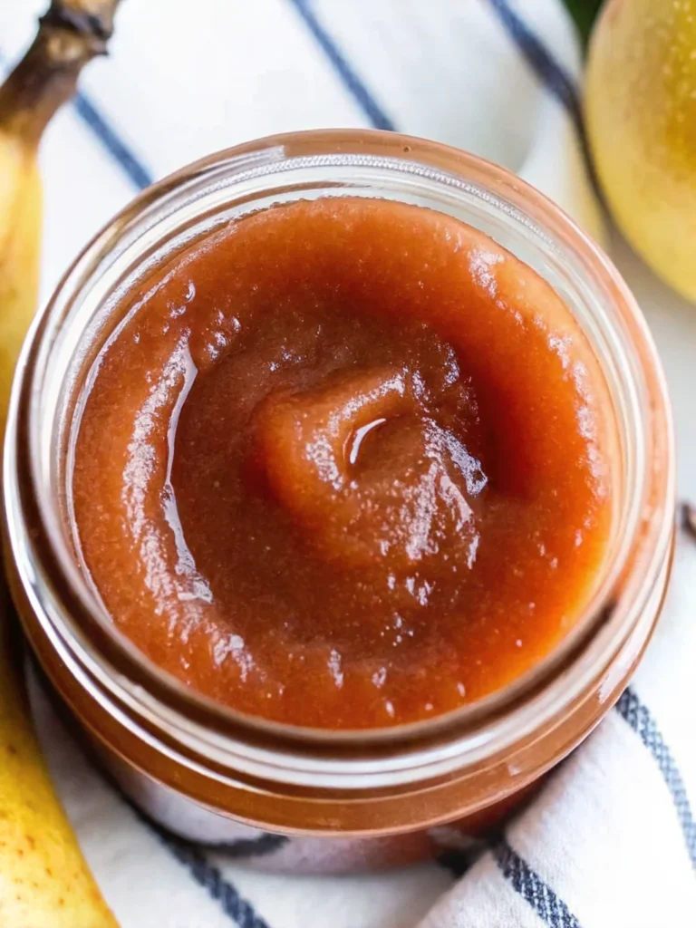 Homemade pear butter recipe in glass jars with fresh Bartlett pears, cinnamon sticks, and warm spices arranged on rustic wooden cutting board, showing the smooth golden-brown texture of the finished pear butter spread