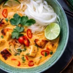 Simple Thai chicken soup recipe with coconut milk, tender chicken pieces, colorful bell peppers and carrots in a white bowl, garnished with fresh cilantro and lime wedges