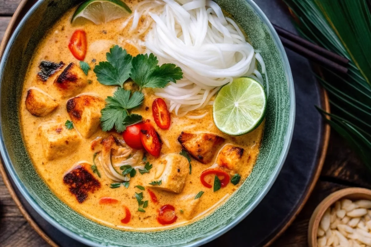 Simple Thai chicken soup recipe with coconut milk, tender chicken pieces, colorful bell peppers and carrots in a white bowl, garnished with fresh cilantro and lime wedges