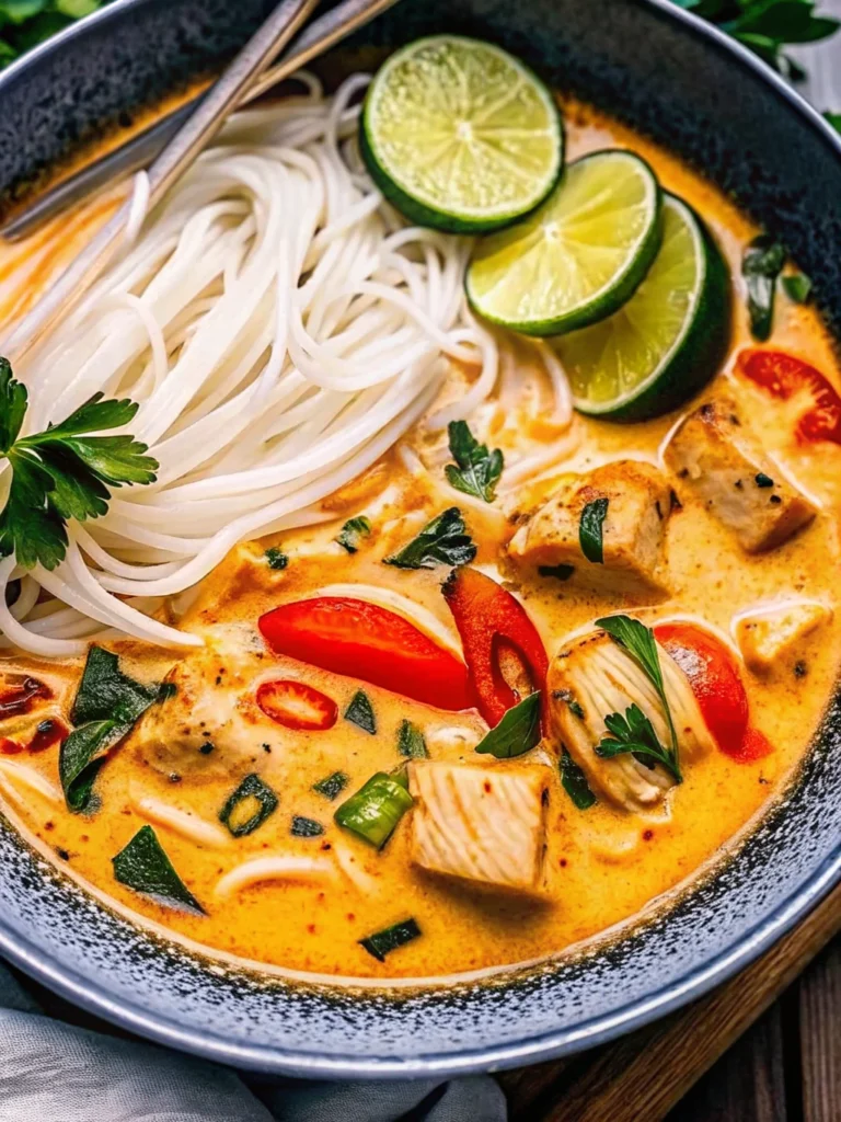 Simple Thai chicken soup recipe with coconut milk, tender chicken pieces, colorful bell peppers and carrots in a white bowl, garnished with fresh cilantro and lime wedges