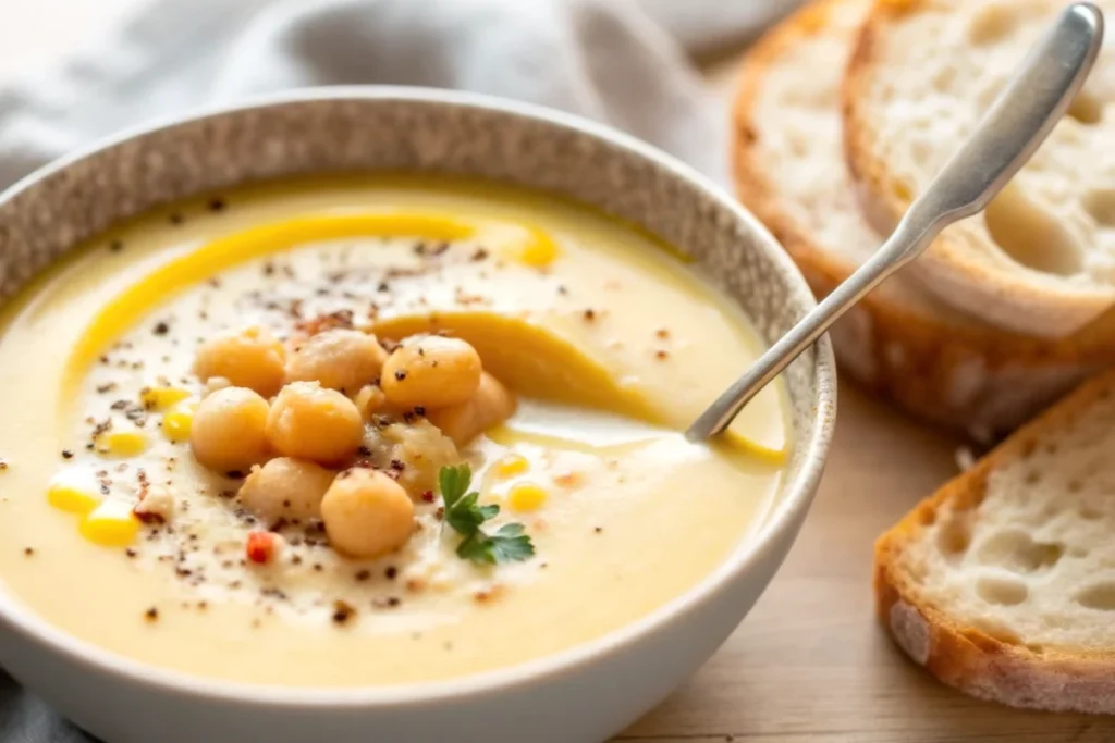 Creamy garlic chickpea soup recipe in white bowl with herbs garnish and olive oil drizzle on wooden table