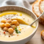 Creamy garlic chickpea soup recipe in white bowl with herbs garnish and olive oil drizzle on wooden table