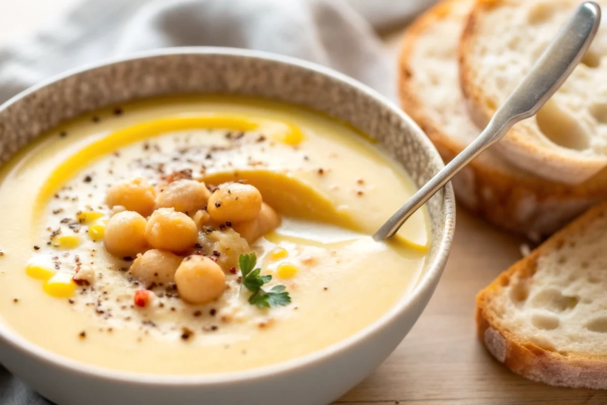 Creamy garlic chickpea soup recipe in white bowl with herbs garnish and olive oil drizzle on wooden table