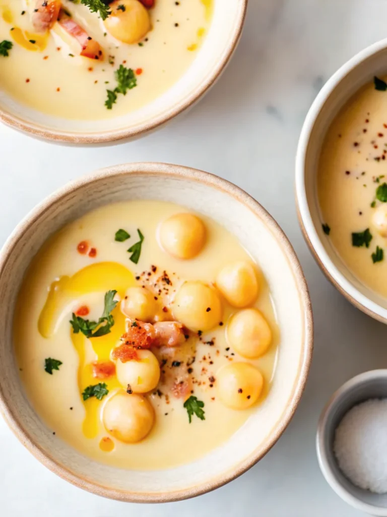 Creamy garlic chickpea soup recipe in white bowl with herbs garnish and olive oil drizzle on wooden table