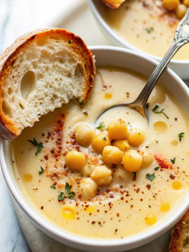 Creamy garlic chickpea soup recipe in white bowl with herbs garnish and olive oil drizzle on wooden table
