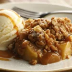 Golden brown Apple Crisp with buttery crumble topping in white baking dish, served with vanilla ice cream, showcasing tender cinnamon-spiced apples beneath crispy surface