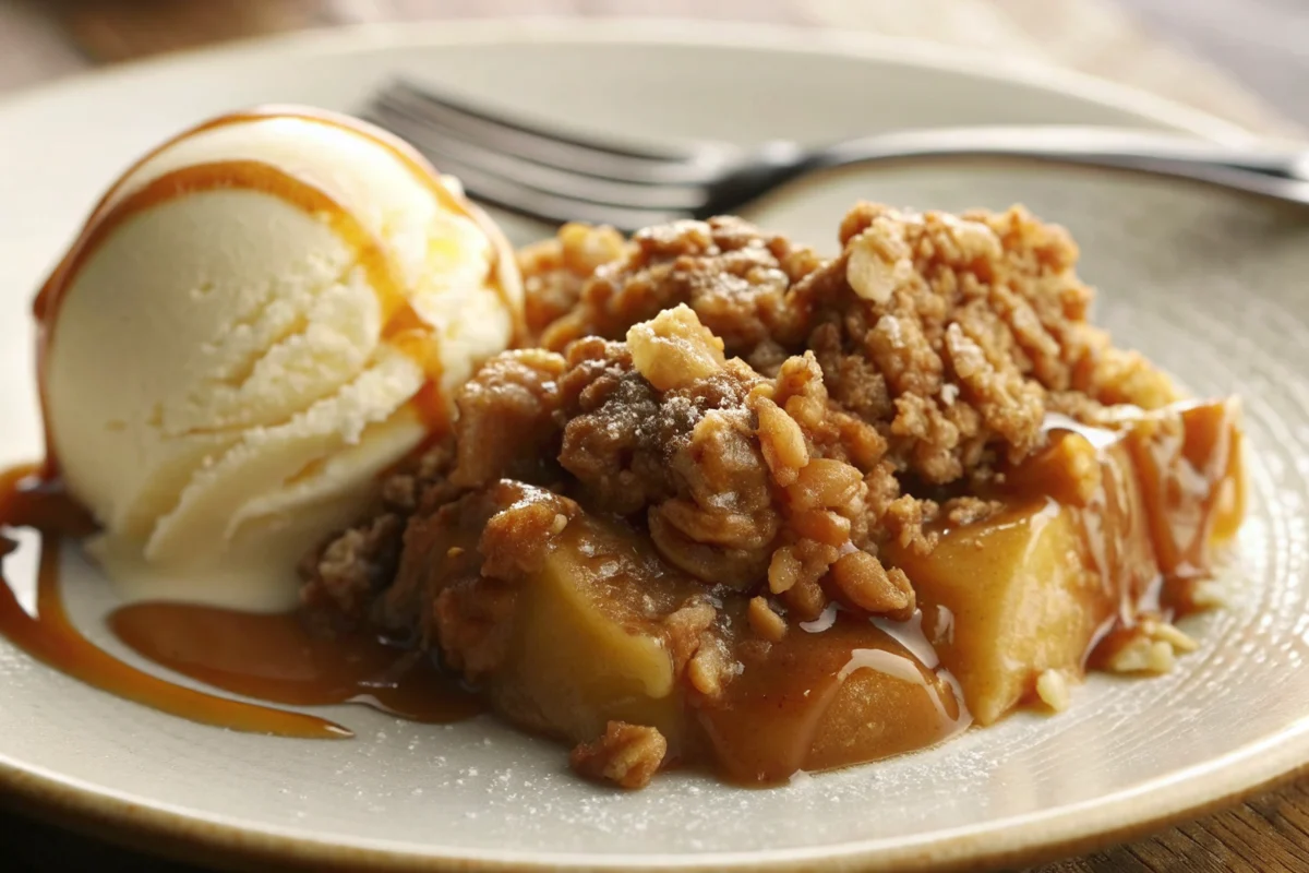 Golden brown Apple Crisp with buttery crumble topping in white baking dish, served with vanilla ice cream, showcasing tender cinnamon-spiced apples beneath crispy surface