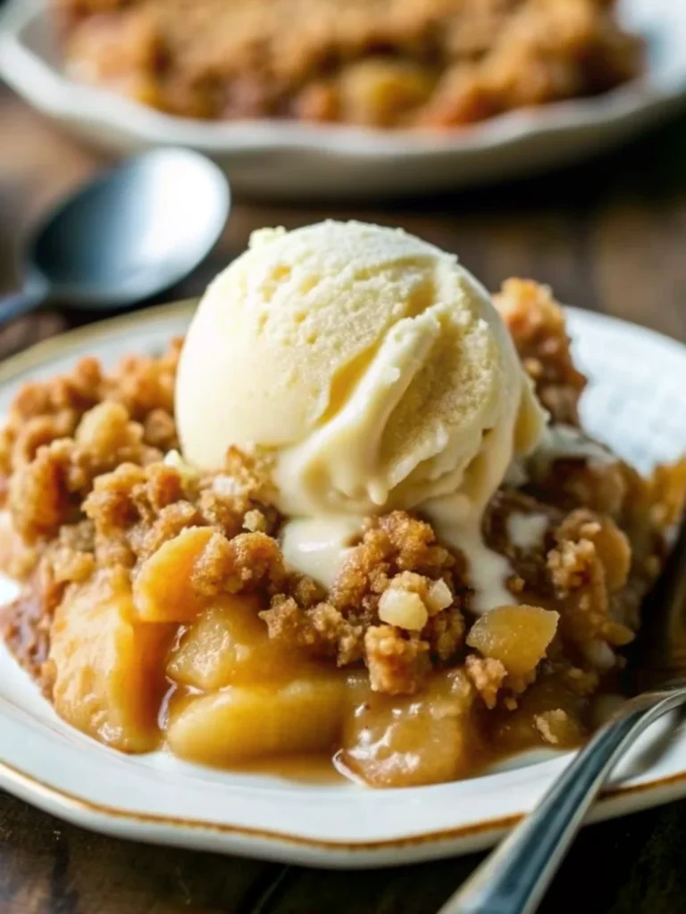 Golden brown Apple Crisp with buttery crumble topping in white baking dish, served with vanilla ice cream, showcasing tender cinnamon-spiced apples beneath crispy surface