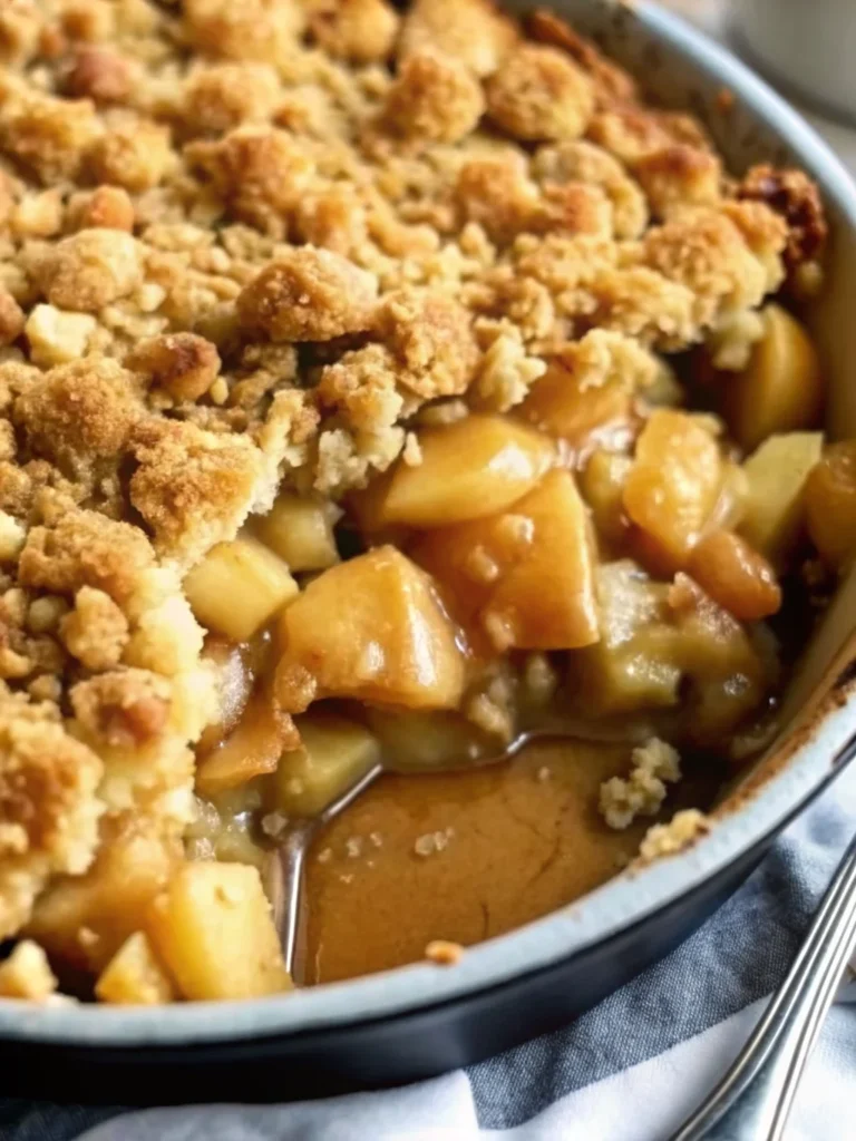 Golden brown Apple Crisp with buttery crumble topping in white baking dish, served with vanilla ice cream, showcasing tender cinnamon-spiced apples beneath crispy surface